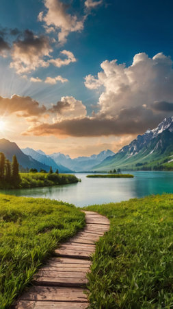 Wooden path to the lake in the mountains at sunset. Beautiful summer landscapeの写真素材