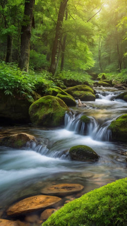 Beautiful mountain stream in the forest at summertime. Soft focus.の写真素材