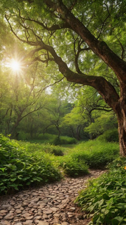 Pathway in the forest with morning sunlight. Nature background. Panoramaの写真素材