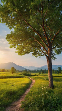 Rice field in the morning with tree and mountain background,Thailand