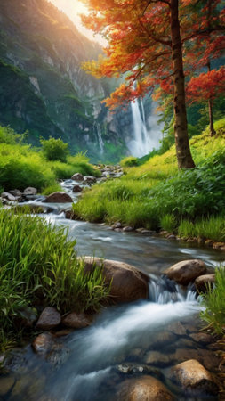 Autumn mountain stream in the forest. Beautiful nature landscape with waterfall.
