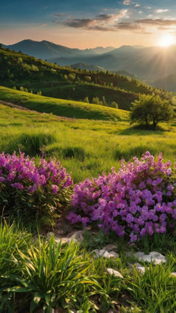Beautiful landscape with flowers in the mountains at sunset. Beautiful landscape with flowers in the mountains.の写真素材