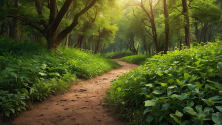 Beautiful green forest with sunlight in the morning. Nature background.の写真素材