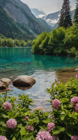 Beautiful view of turquoise mountain lake in the Alps.の写真素材