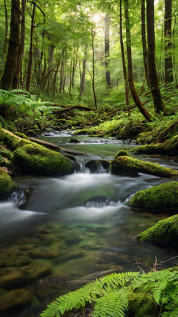 Long exposure of a stream flowing through a forest with mossy rocksの写真素材