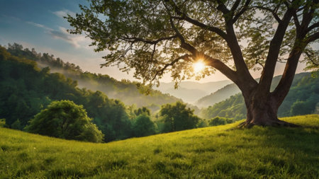 Sunrise in the mountains. Beautiful summer landscape with a tree.の写真素材