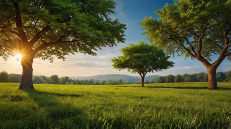 Beautiful summer landscape with green meadow and trees at sunset.の写真素材