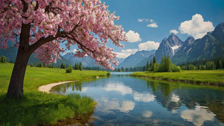 Beautiful spring landscape with sakura tree and lake in the mountainsの写真素材