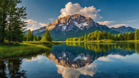 Mountain lake with reflection in the water. Colorful summer landscape.の写真素材