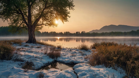 Beautiful winter landscape with lake and trees in the mist at sunsetの写真素材