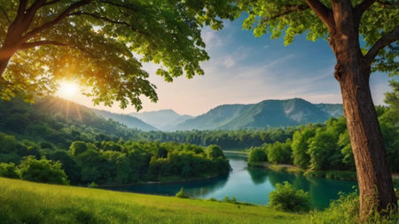 Beautiful summer landscape with a river and mountains in the background.の写真素材