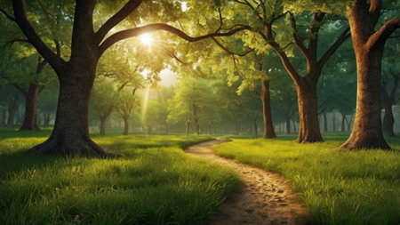 Sunrise in the park. Nature background. 3d rendering.