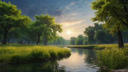 Sunset over the river in the park, beautiful photo digital pictureの写真素材