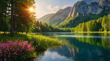 Mountain lake in the Alps at sunset. Beautiful summer landscape.の写真素材