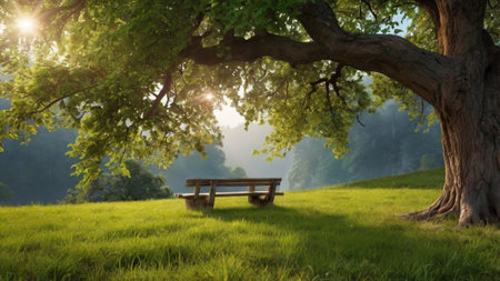 Wooden bench under big oak tree in the morning fog at sunriseの写真素材