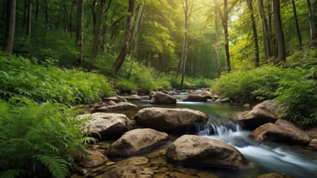 River in the green forest. Beautiful nature background. Soft focus.の写真素材