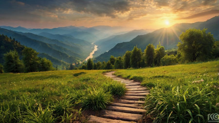 Sunset in the mountains. Mountain landscape with a path to the topの写真素材