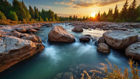 Panoramic view of the mountain river at sunset. Beautiful summer landscape.の写真素材