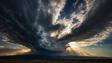 Dramatic stormy sky over the grasslands of Yellowstone National Parkの写真素材