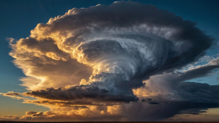 Dramatic stormy sky with cumulus clouds at sunset.