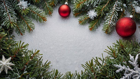 Christmas background with snow fir tree branches and red christmas balls on snowの写真素材