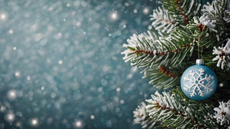 Christmas background with fir tree branches, snow and blue ball. Copy space.の写真素材