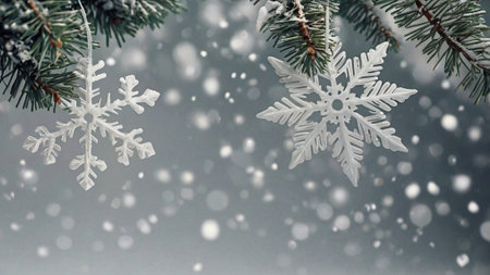 Christmas background with snowflakes and fir tree branches on gray background