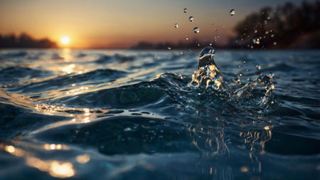 Water drops on the surface of the water at sunset. Shallow depth of fieldの写真素材