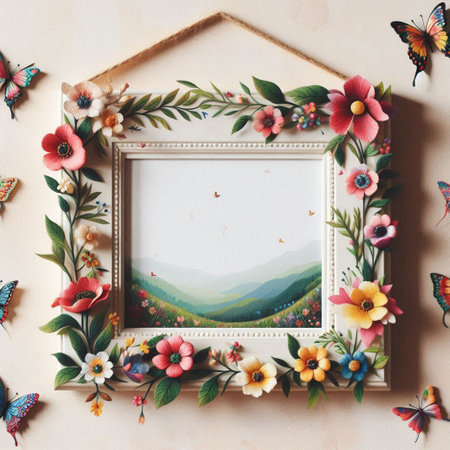 Top view of wooden frame with colorful flowers and butterflies on vintage backgroundの写真素材