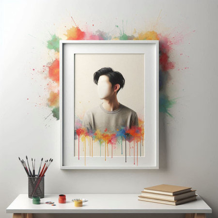 Portrait of a boy in a frame with colorful paint splashes
