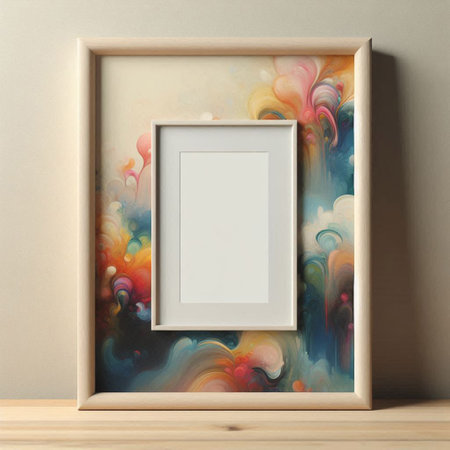 Blank picture frame in frame on wooden table. 3d render