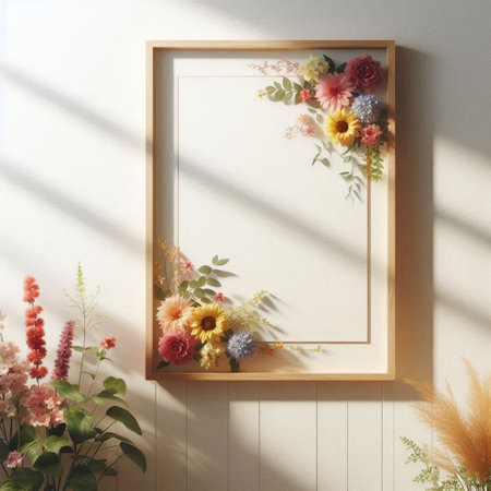 Wooden frame with flowers on white wall. 3d rendering.