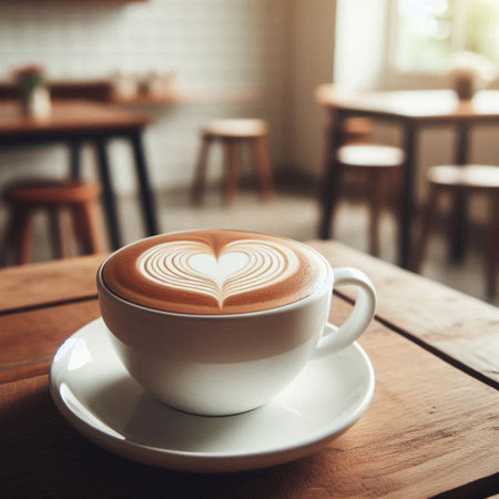 Coffee cup on wooden table in coffee shop, stock photoの写真素材