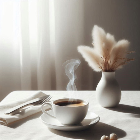 Cup of coffee with a flower in a vase on the tableの写真素材