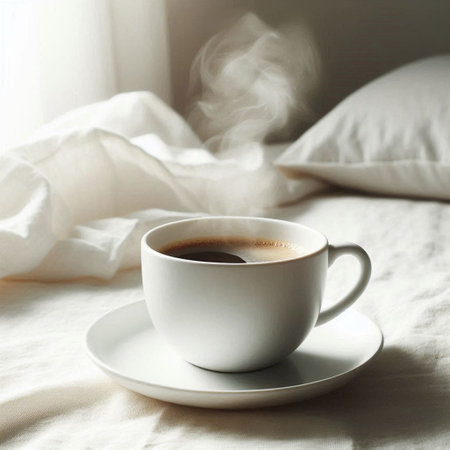 Cup of coffee on the bed in the morning. Good morning.の写真素材