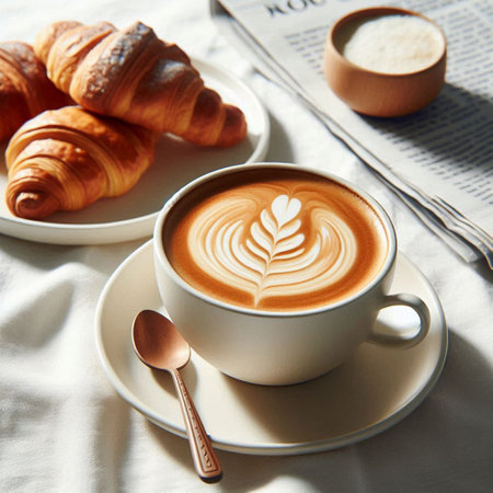 Cappuccino with croissants and newspaper on the tableの写真素材