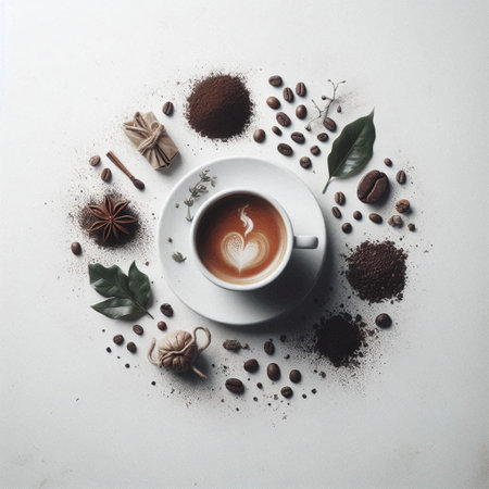 Cup of coffee with coffee beans, cinnamon and anise on white backgroundの写真素材