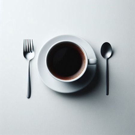 Cup of coffee with spoon and fork on white background, top viewの写真素材