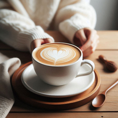 Cup of coffee latte art on wooden table with woman handsの写真素材