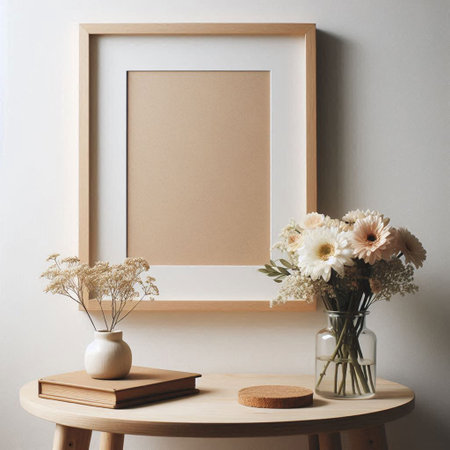 Blank picture frame mockup with flowers in vase on wooden table. 3d rendering
