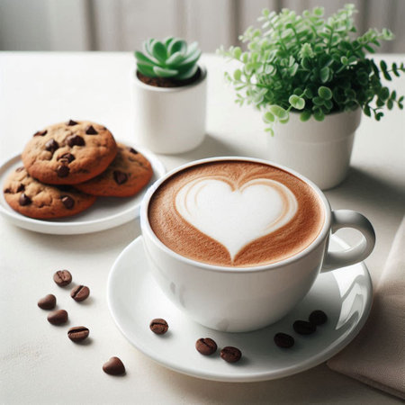 Cup of cappuccino with heart shape and cookies on table
