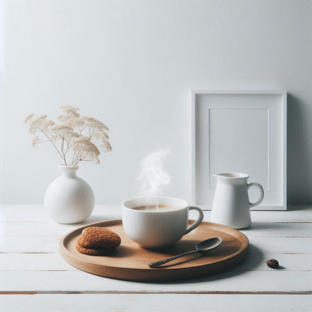 Coffee cup, milk jug, cookie and white frame on wooden tableの写真素材
