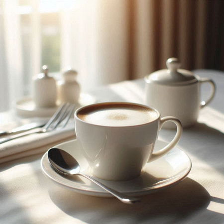 Cup of coffee on the table in the morning light. Breakfast concept.
