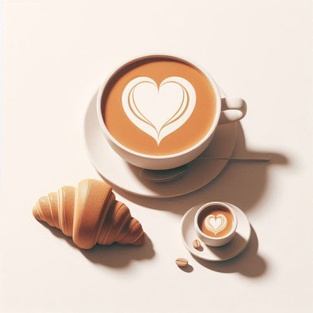 Coffee cup with heart shape and croissant on white backgroundの写真素材