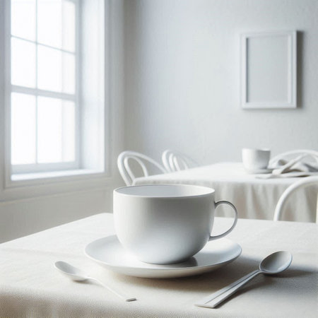 Cup of coffee on the table in the kitchen. White backgroundの写真素材