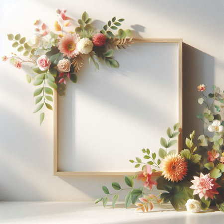 Flower frame mockup on white wall. 3d render.