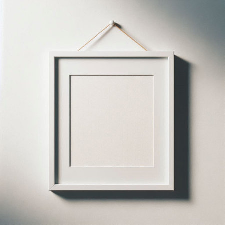 Blank picture frame hanging on white wall. Mock up, 3D Renderingの写真素材