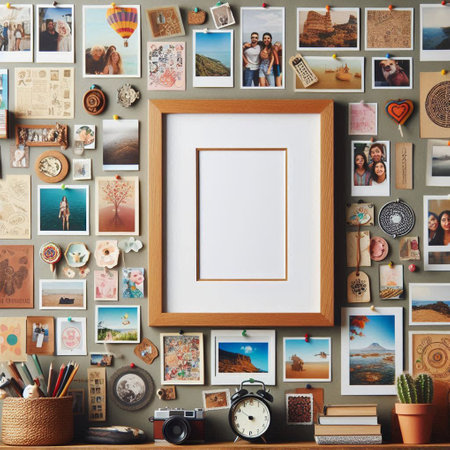 Photo frame mockup on wooden shelf with vintage camera and other objectsの写真素材