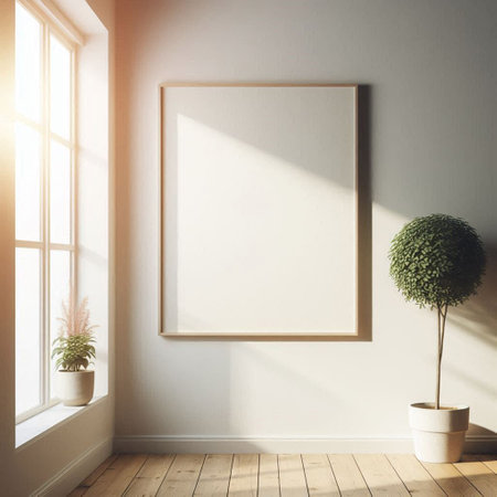 White room interior with empty poster on wall, wooden floor and plants. Mock up, 3D Rendering