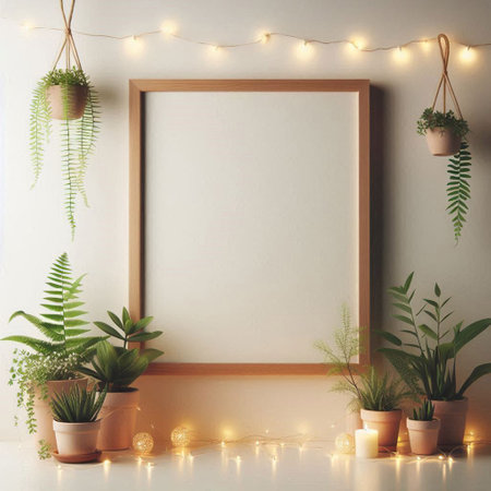 Mock up frame in modern interior with plants. 3d render